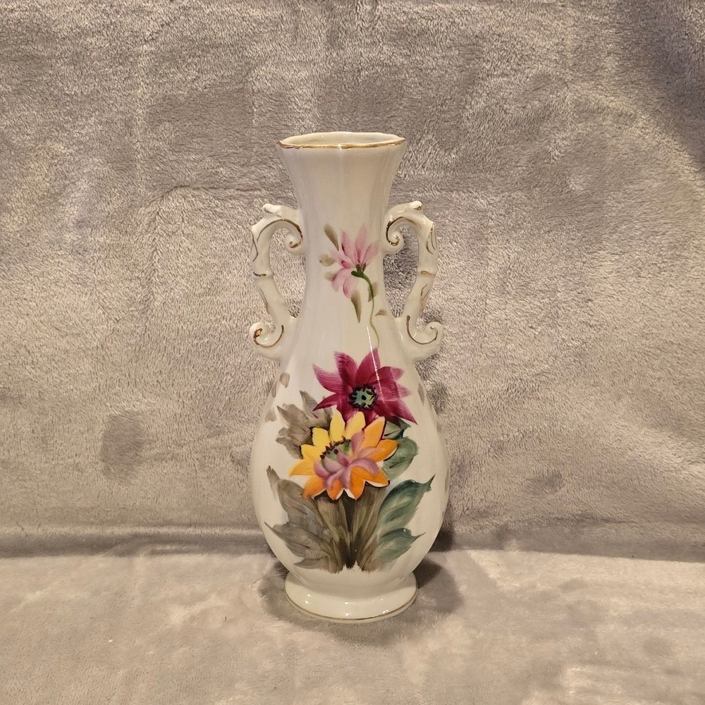 Vtg Hand Painted Floral Porcelain Bud Vase Gold Gilt Scroll Handles White 8.25"